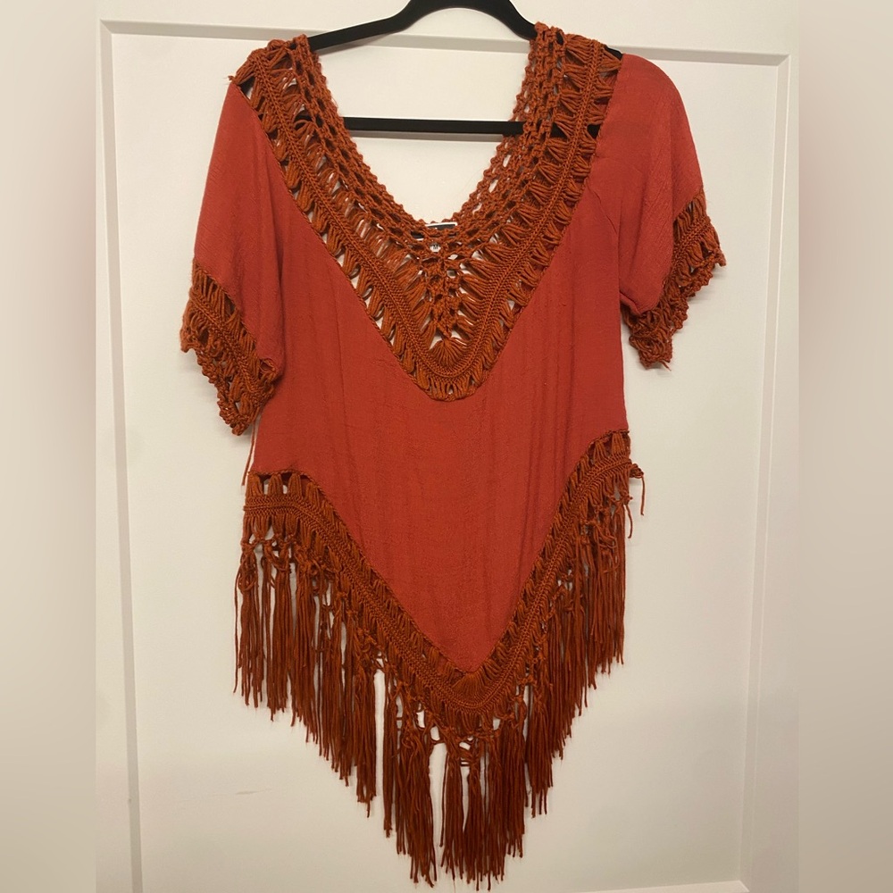 Vivid Terracotta Crochet Fringe Top